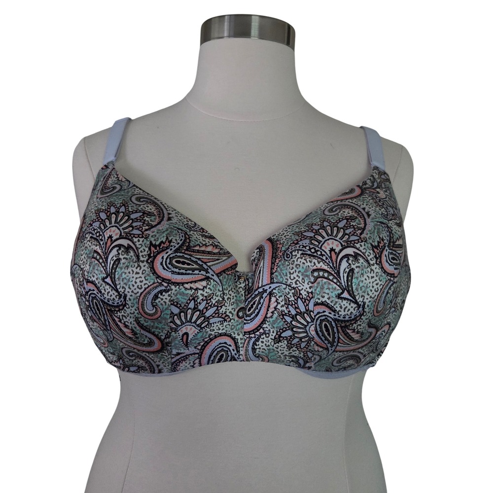 Cacique Balconette Bra 46C Blue Pink Paisley Animal Print Underwire Support